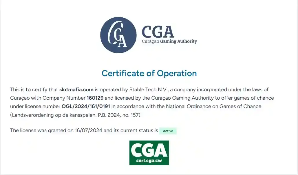 Curaçao Gaming Authority certificate showing slotmafia.com, Stable Tech N.V., licence OGL/2024/161/0191 and Active status