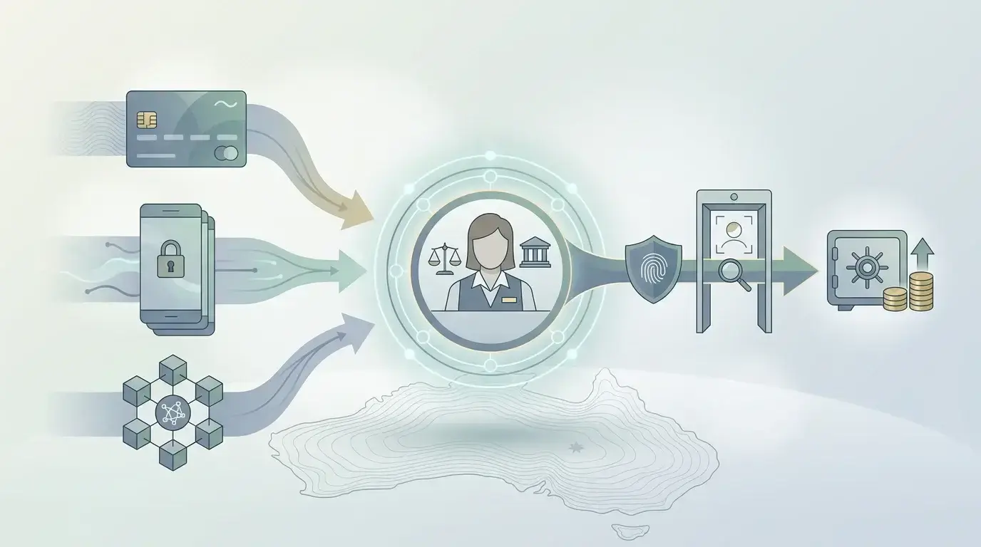 Editorial diagram of AUD casino deposits moving through card, wallet and crypto payment routes with a verification checkpoint